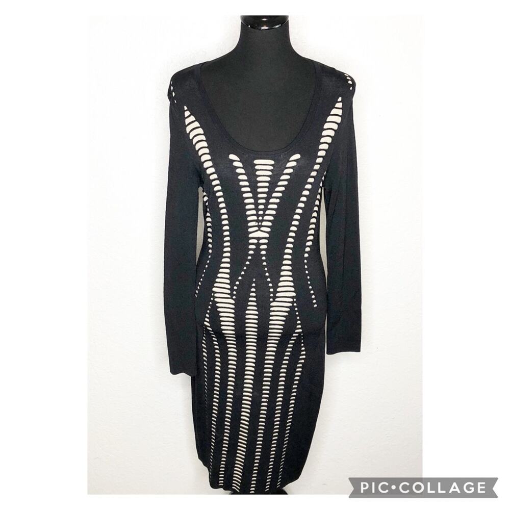 Cache black cream cutout knit scoop neck midi bodycon sheath dress size Medium